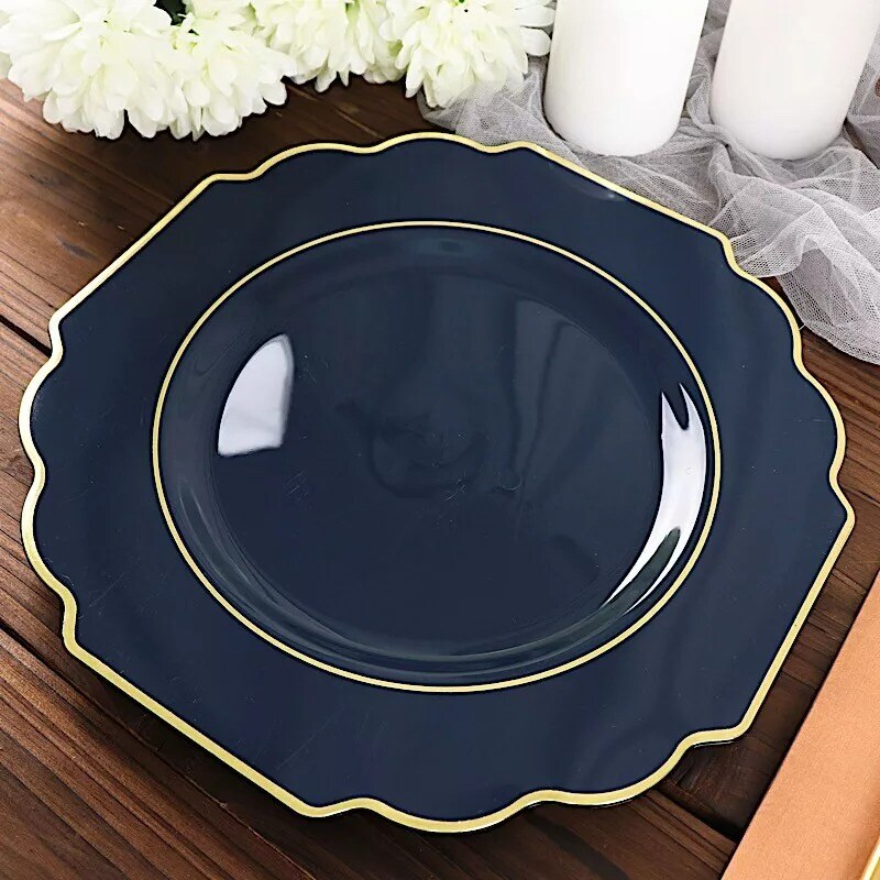 10 NAVY BLUE 12&#x22; Baroque PLASTIC DINNER PLATES with Gold Rim