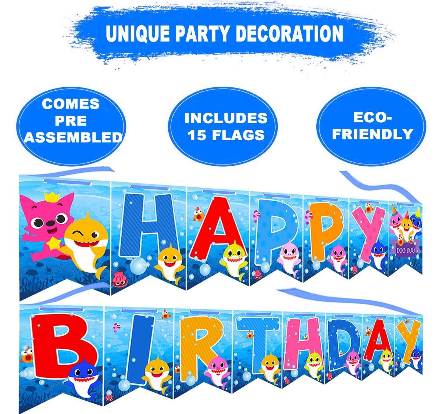 12 pcs Baby Shark Happy Birthday Party Supplies Set DOO Theme For Kids Shower and Children Birthdays Decorations Pack: 5 Balloons 5 Swirls 1 Banner 1 Background
