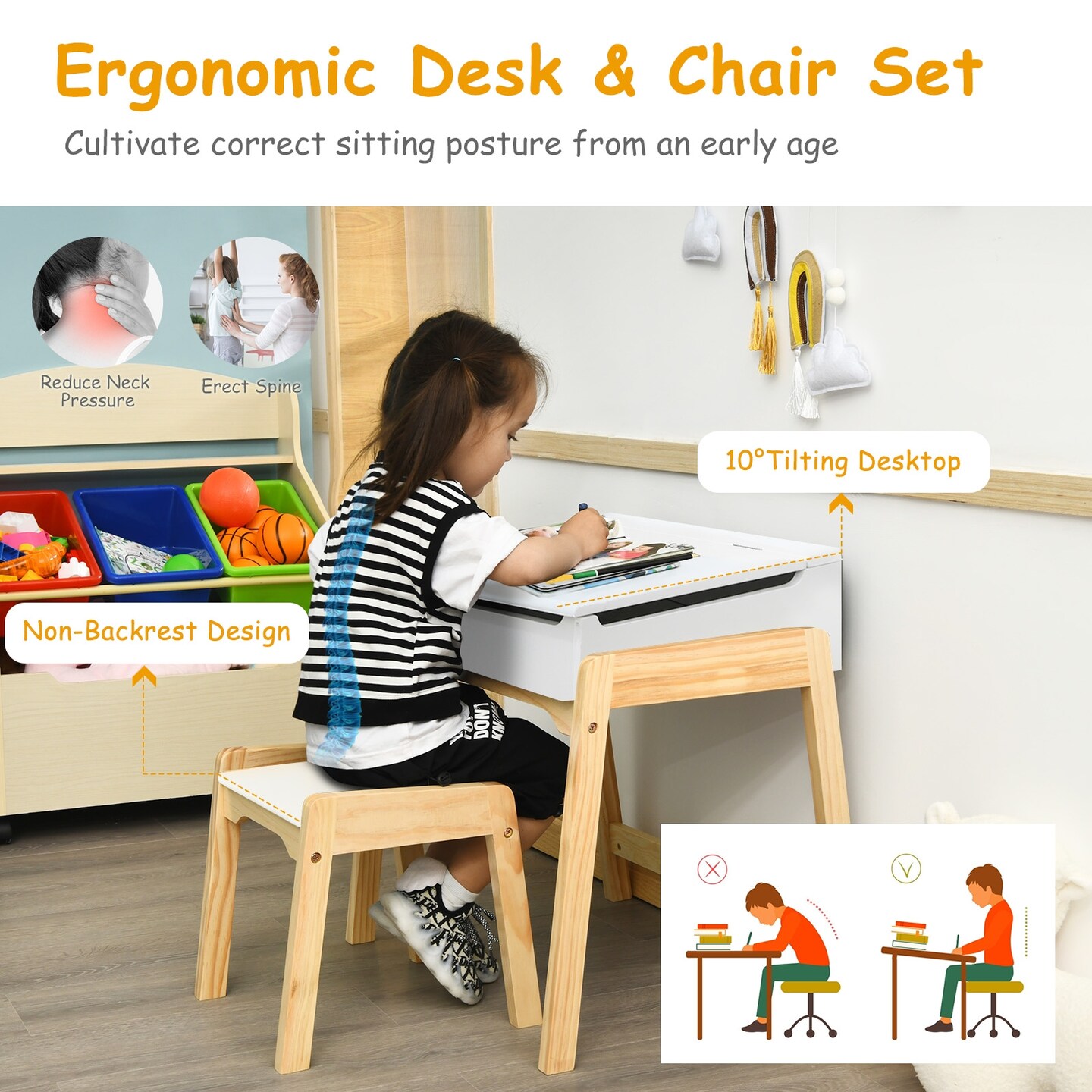 Children Activity Art Study Desk And Chair Set With Large Storage Space For Kids Homeschooling