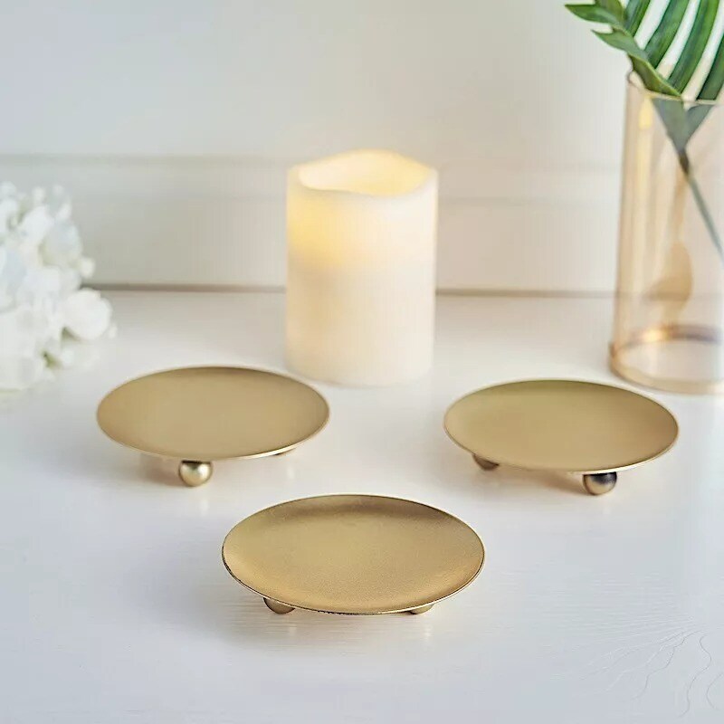 3 GOLD 4&#x22; Round METAL PLATES CANDLE HOLDERS