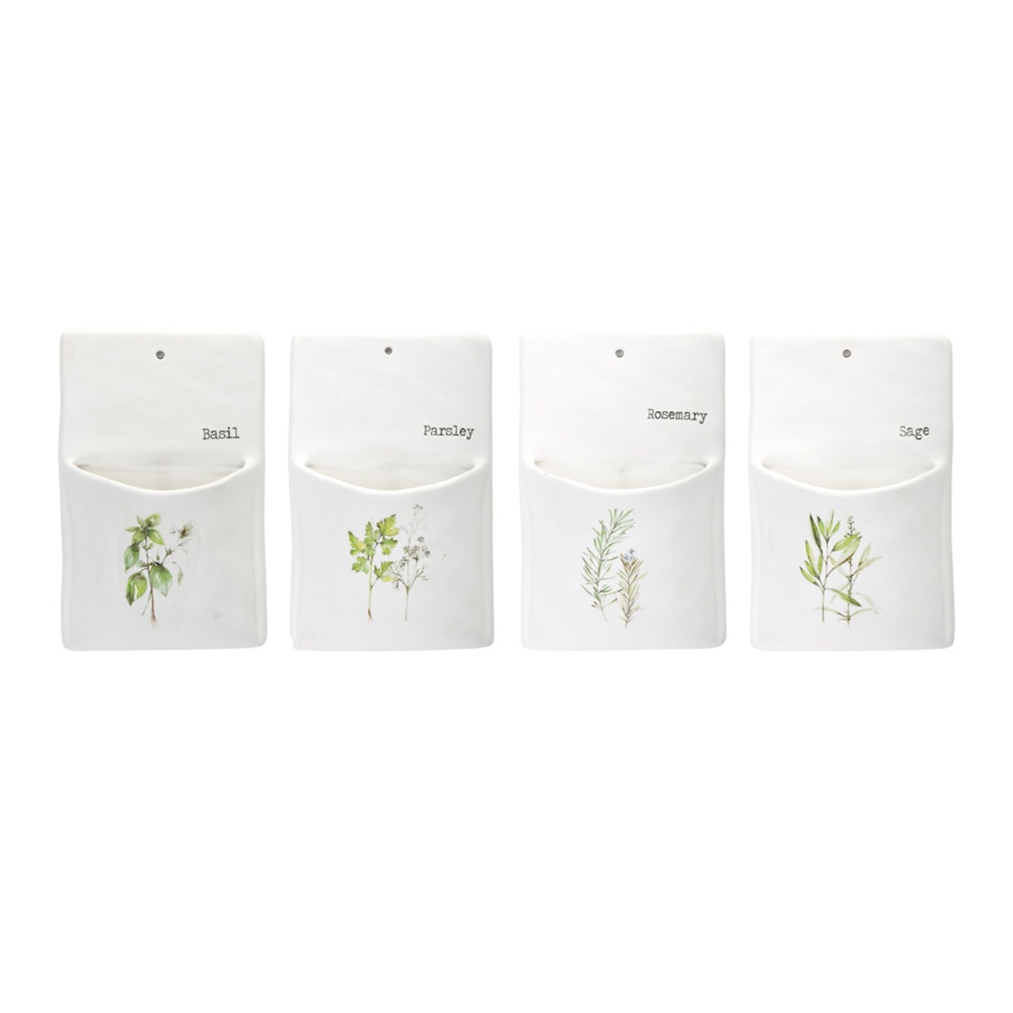 Melrose Herb Ceramic Wall Pockets - 8.5&#x22; - White and Green - Set of 4
