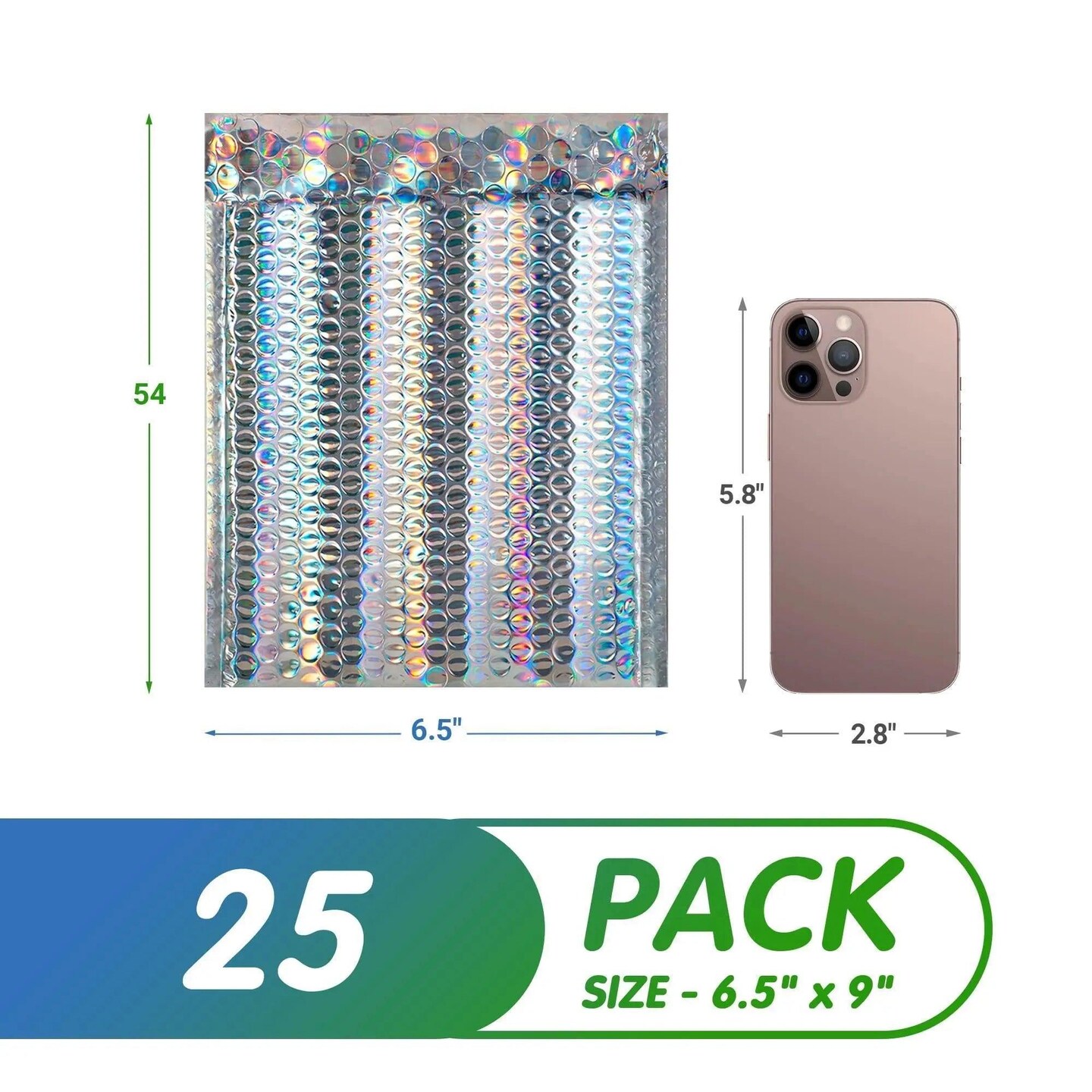 Metallic Holographic Bubble Mailers 6.5 x 9 Size. Pack of 25 Foil Padded Envelopes 6 1/2 x 9 Glitter Bubble Mailers. SelfSealing Holo Cushion Envelopes. Glamour Holographic Package Envelopes