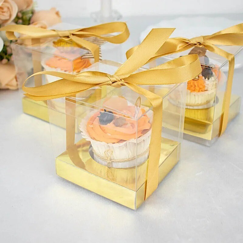 CLEAR GOLD 12 Square 3.5&#x22; Mini Cupcake BOXES Favor Holders