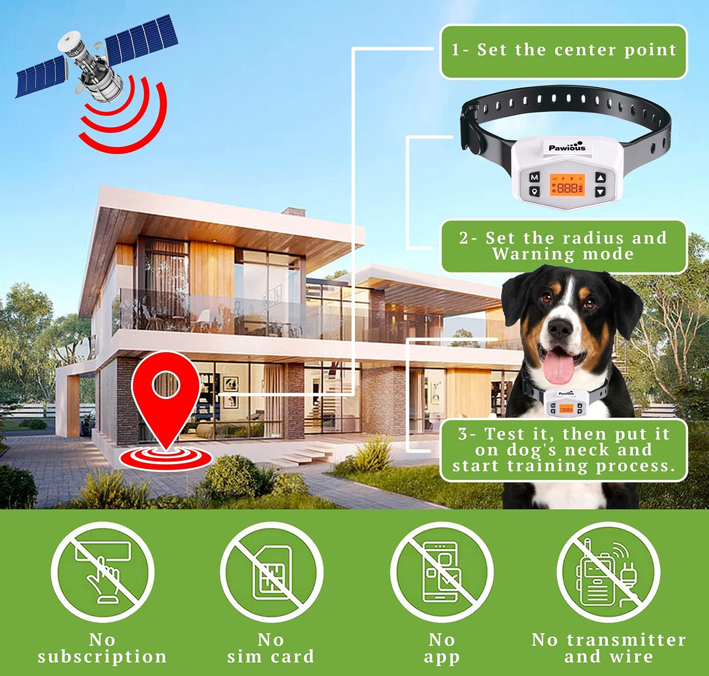 Pawious GPS Wireless Dog Fence - Pet Containment System Electric Dog Fence with Radius up to 1000 Yards Rechargeable Perimeter Shock Collar for Medium and Large Dogs Outdoor Use Only