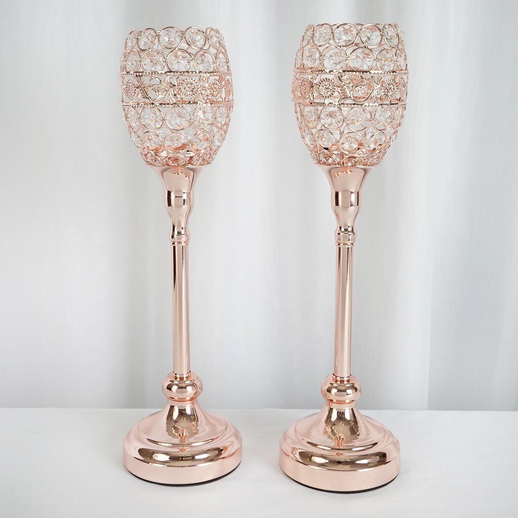 2 Rose Gold Metal 16&#x22; tall Beaded Candle Holder
