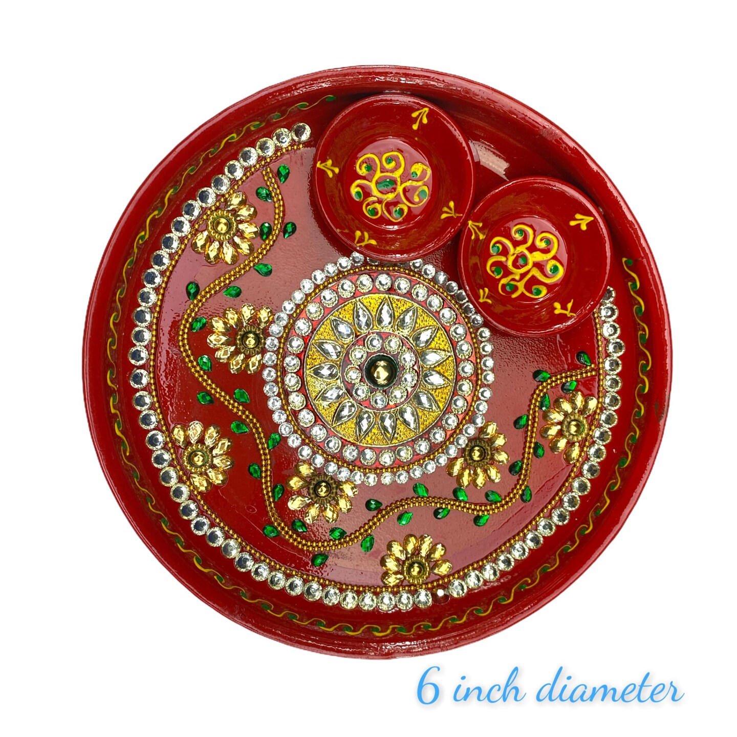 Rhinestone Pooja Aarti Thali with Bowls Meenakari Work Red Painted Handmade Stylish Platter Haldi Kumkum Thali Ganesh Pooja Teej Diwali Pooja Thali Housewarming Gift