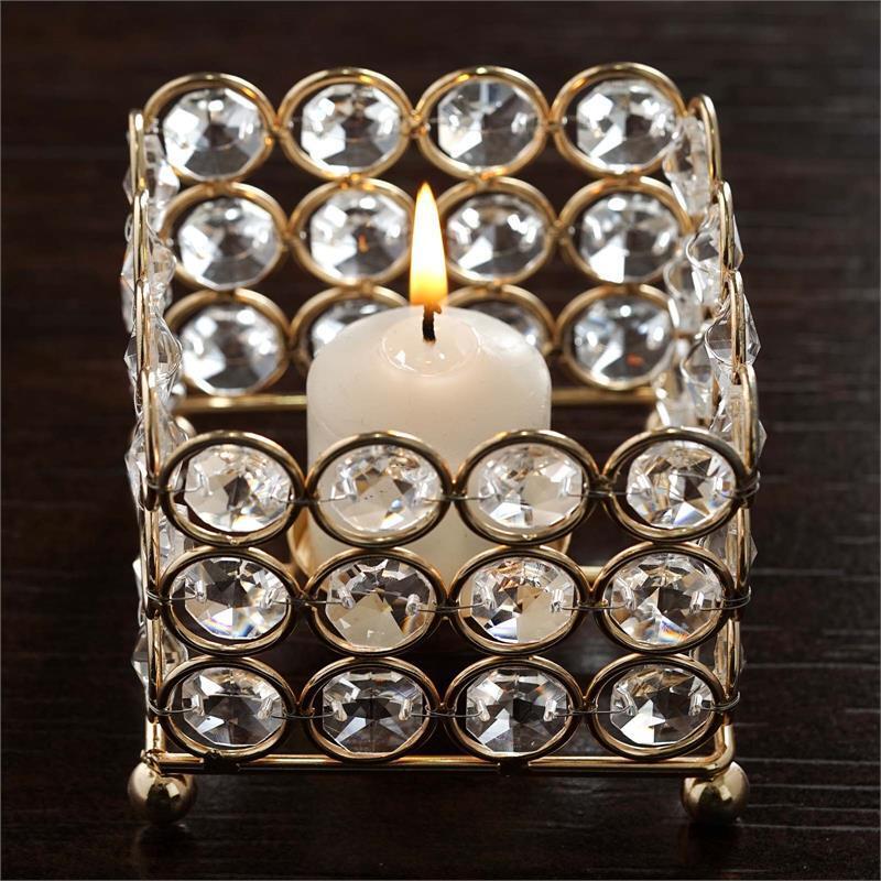 10 pcs SQUARE 3&#x22; Candle Holder GOLD METAL Tealight Votive Crystal Beaded