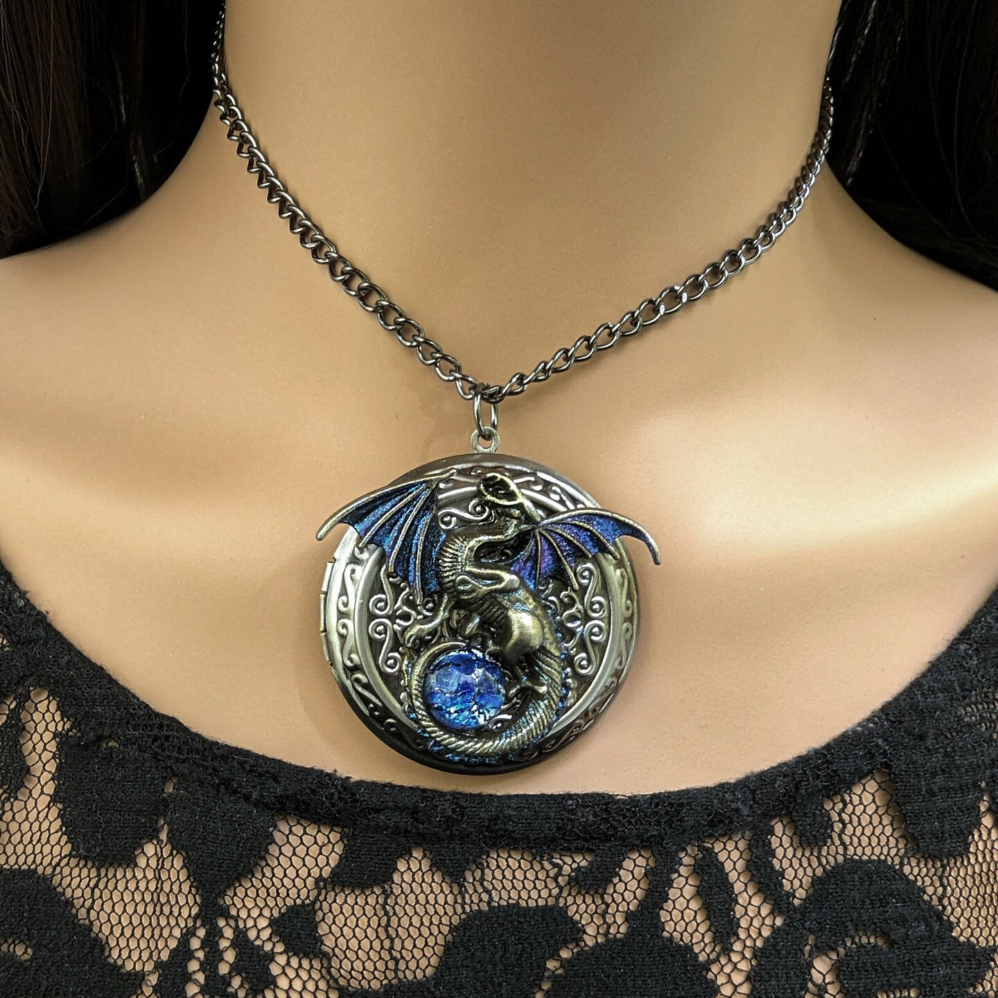 Large Bronze Dragon Locket Necklace with black opal replica