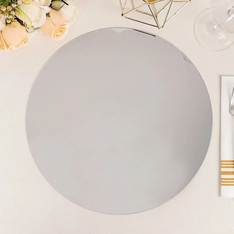 SILVER 10 Round 13&#x22; Decorative Mirror Plastic CHARGER PLATES