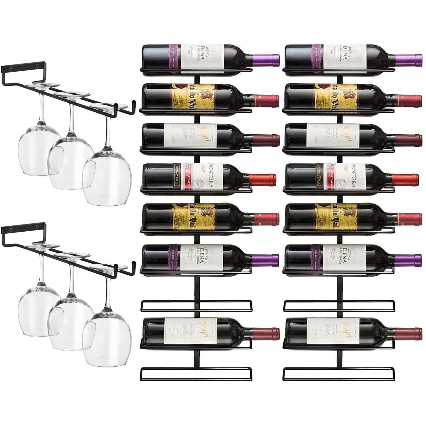 Sorbus 2 Pack Wall Mount Wine Rack + Under Cabinet Wine Glass Holder - for Wine Bottles, Champagne, and Wine Glasses