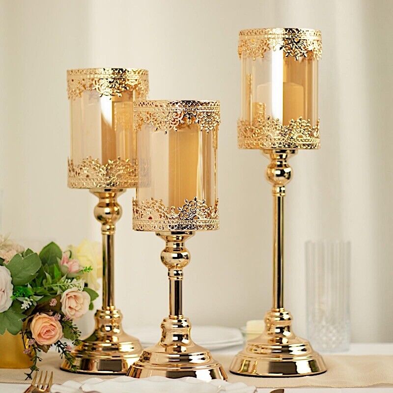3 ANTIQUE GOLD Lace Design Metal Glass Votive CANDLE HOLDERS Centerpieces