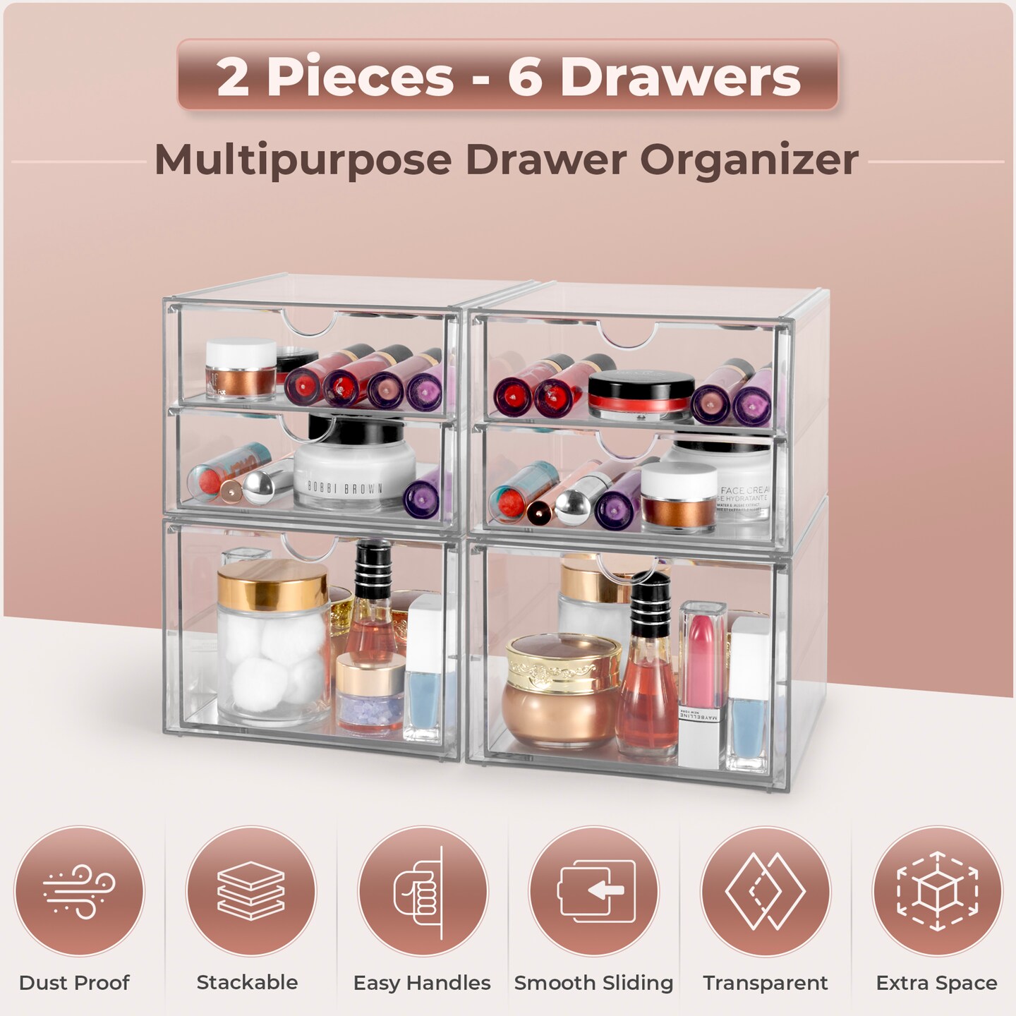 Sorbus 3 Drawers Acrylic Organizer for Makeup, Organization and Storage, Art Supplies, Jewelry, Stationary - 4 Pcs Clear Stackable Storage Drawers