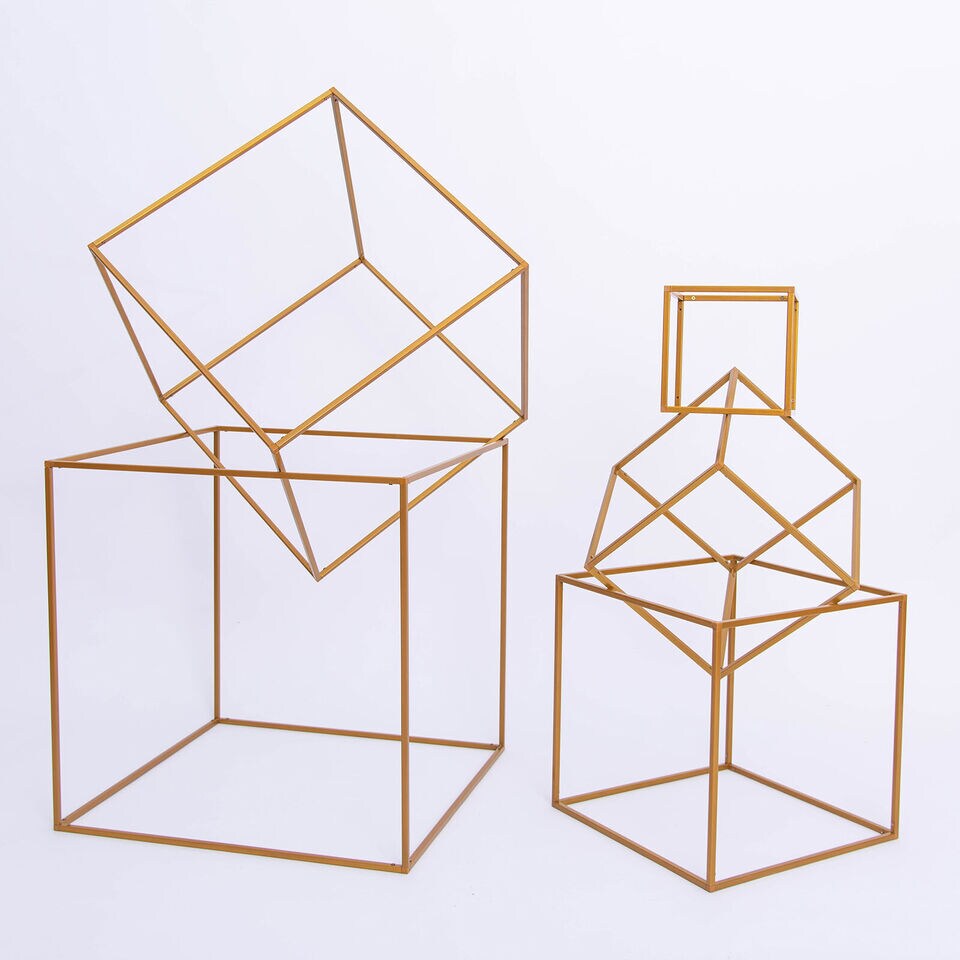2 pcs 12-Inch tall Gold Matte Square Metal Geometric Stands Flower Vase