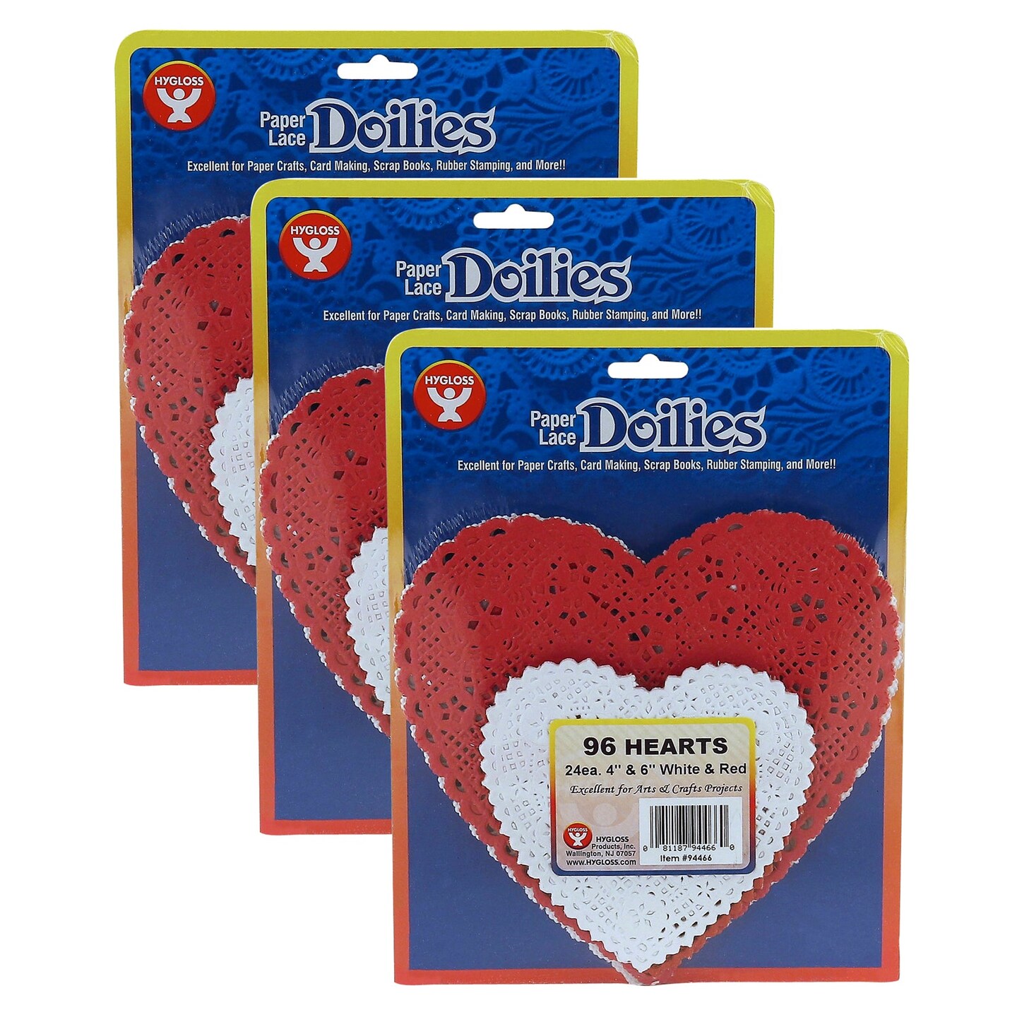 Doilies, White &#x26; Red Hearts, 4&#x22; &#x26; 6&#x22;, 96 Per Pack, 3 Packs