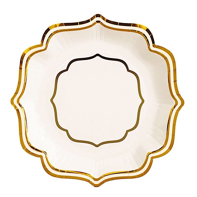 25 WHITE GOLD 10&#x22; Paper Salad DINNER PLATES Scallop Rim