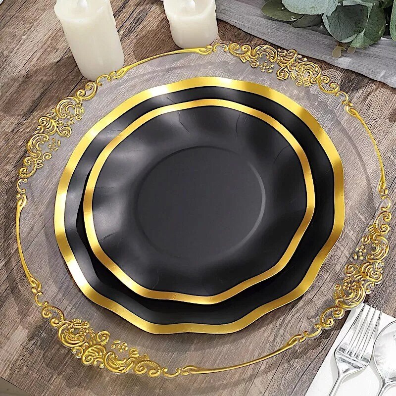 25 Round 8&#x22; BLACK Paper Salad Plates Gold Wavy Rim