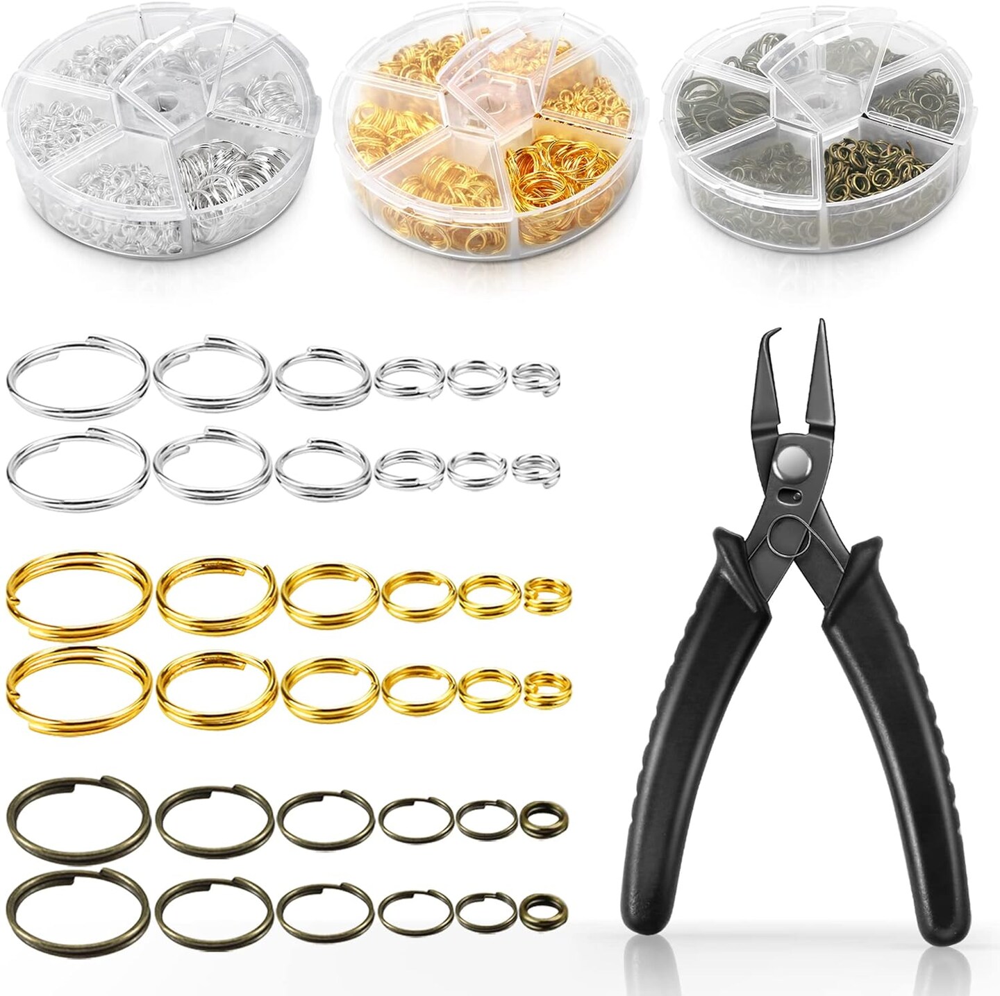 Split Rings Kit, 2070 PCS Double Loops Split Jump Ring with Split Ring Pliers, Mini Metal Ring Connectors 4mm to12mm for Jewelry Making and DIY Crafts, Silver, Gold and Bronze