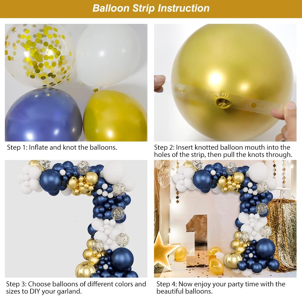 174pcs Navy Blue Gold Balloons Garland Arch Kit, Metallic Gold Latex White Confetti Mixed Sizes Balloons Foil Balloons for Baby Shower Birthday Party Wedding Graduation Decoration