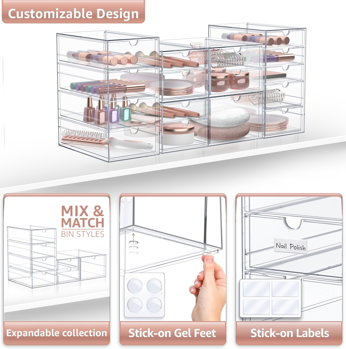 Sorbus 16 Drawers Acrylic Organizer for Makeup, Organization and Storage, Art Supplies, Jewelry, Stationary - 4 Pcs Clear Stackable Storage Drawers