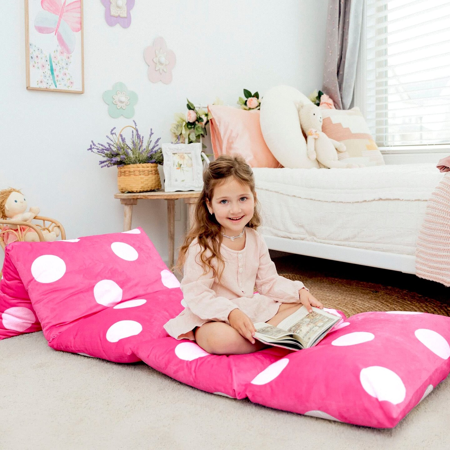 Butterfly Craze Floor Pillow Case, Mattress Bed Lounger Cover, Polka Hot Pink, King, Cozy Seating Solution for Kids &#x26; Adults, Recliner Cushion, for Reading, TV Time, Sleepovers, &#x26; Toddler Nap Mat