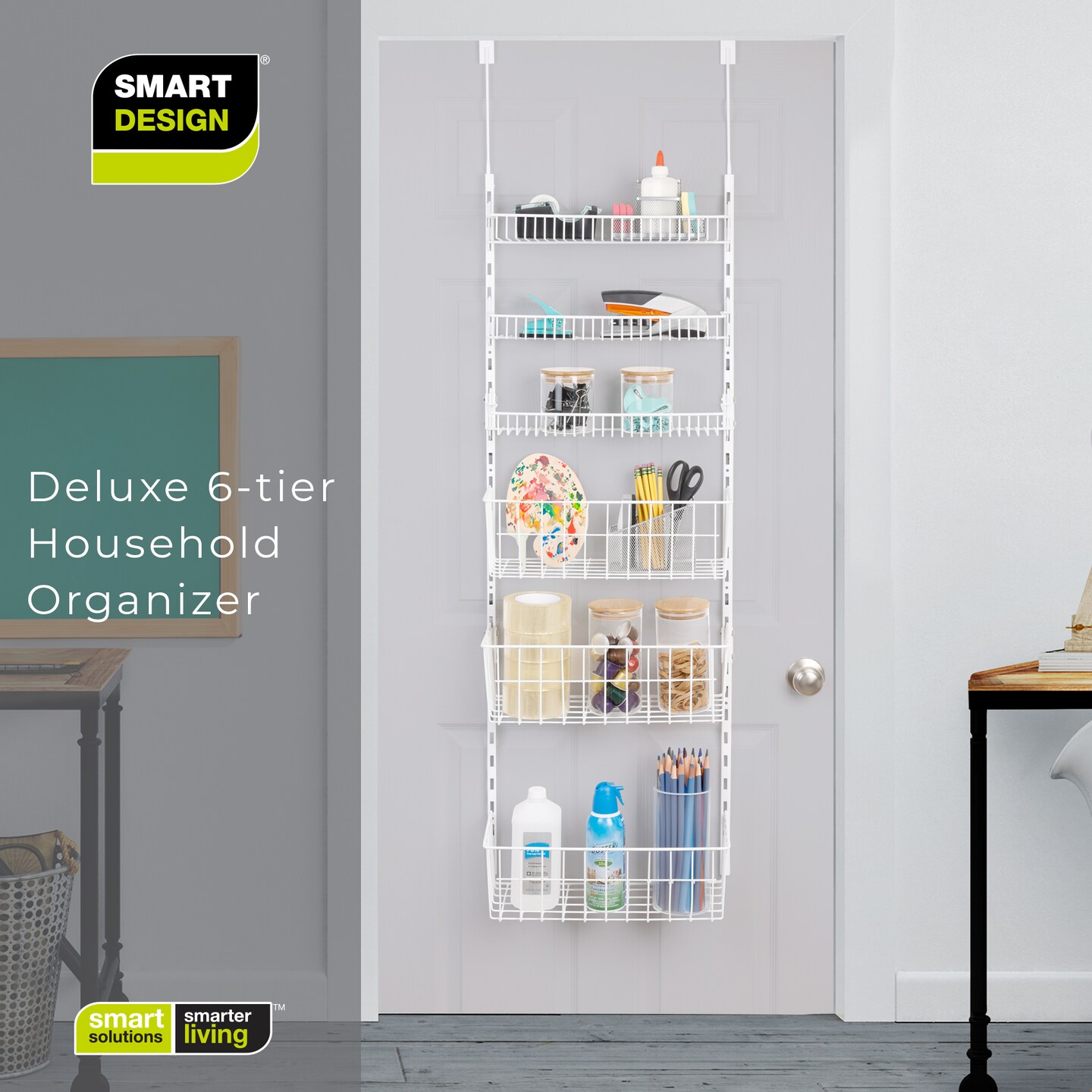 Smart Design Over The Door Pantry Organizer Rack with 6 Adjustable Shelves - White