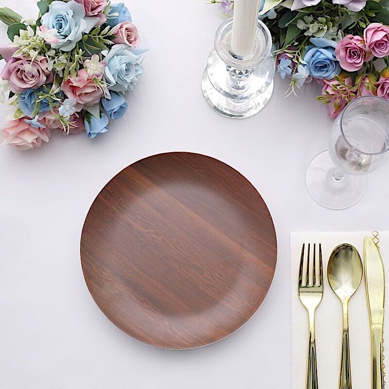 6 Brown 8 in Round Disposable Heavy Duty Plastic PLATES Wood Grain