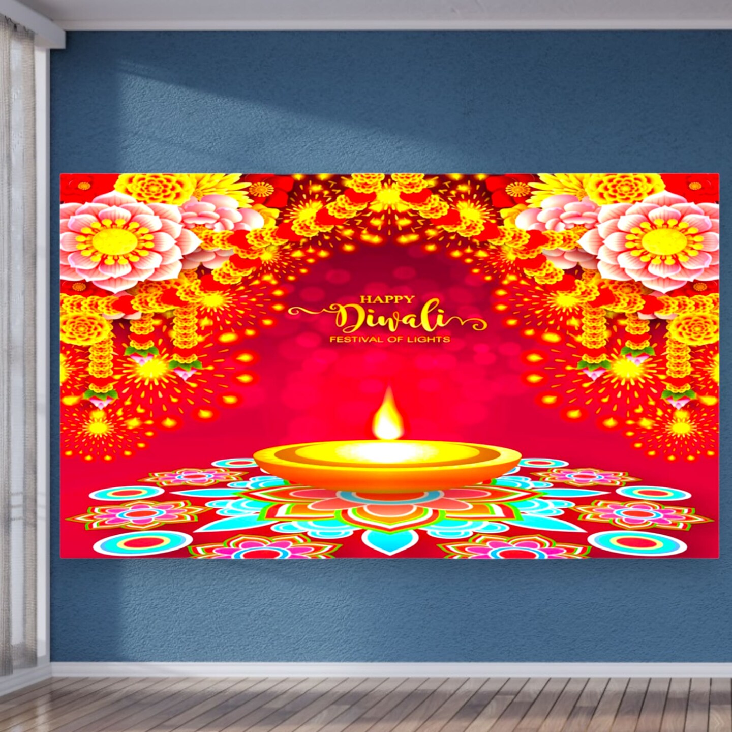 Happy Diwali Banner Indian Traditional Backdrop Cloth 5x8 Feet Indian Diwali Decor Pooja Wall Decor Indian Wall Art Photo Decor Banner Decorative Pooja Cloth Diwali Celebration