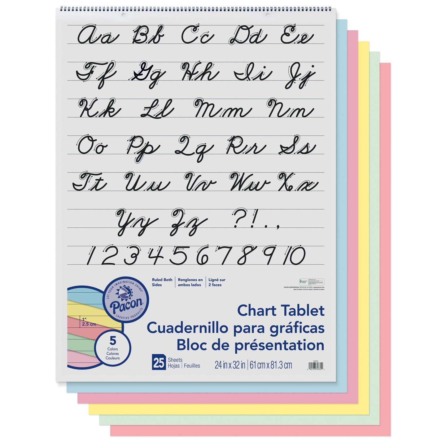 Colored Paper Chart Tablet, Cursive Cover, Asst, 1&#x22; Ruled. 24&#x22; x 32&#x22;, 25 Sheets