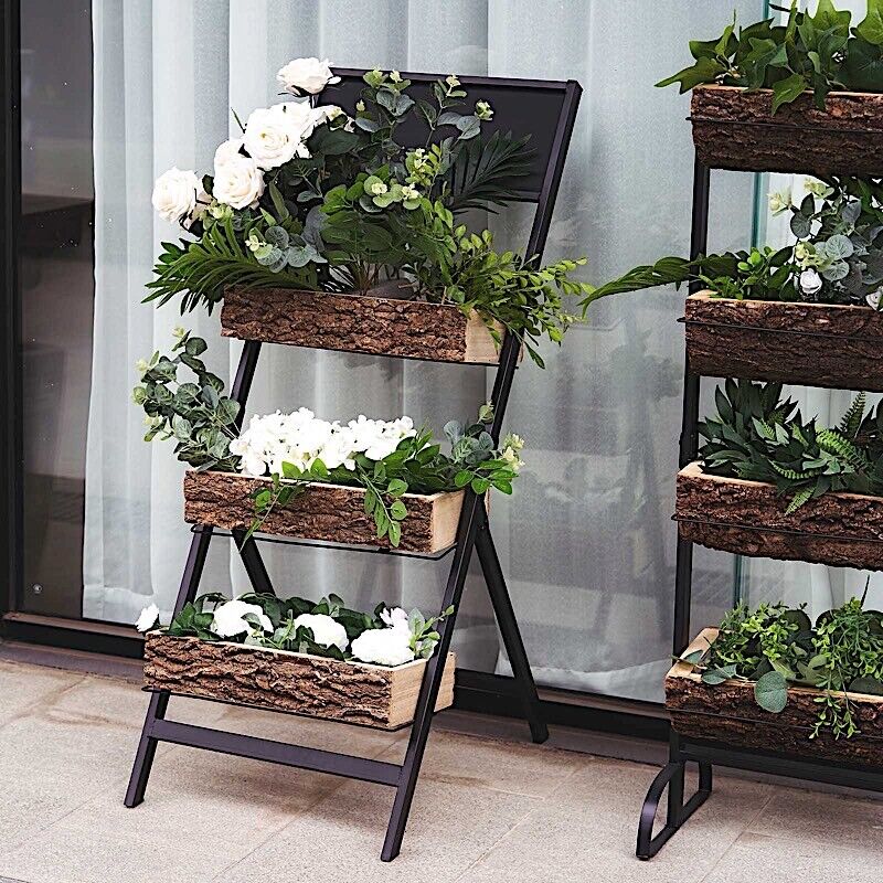 Black Brown 3 Tier METAL STAND Natural Wood PLANTER BOXES
