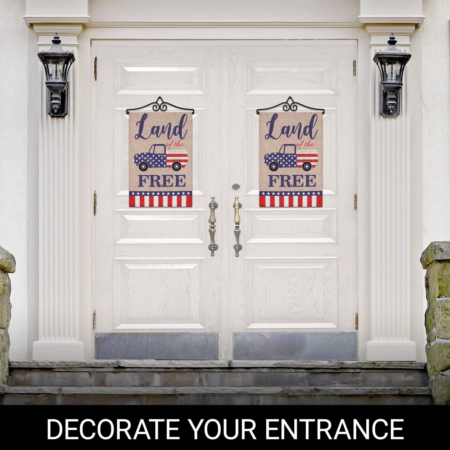 G128 Combo Pack Garden Flag Hanger 14IN & Garden Flag Land of the Free American Truck 12x18IN Printed Double Sided Burlap Fabric