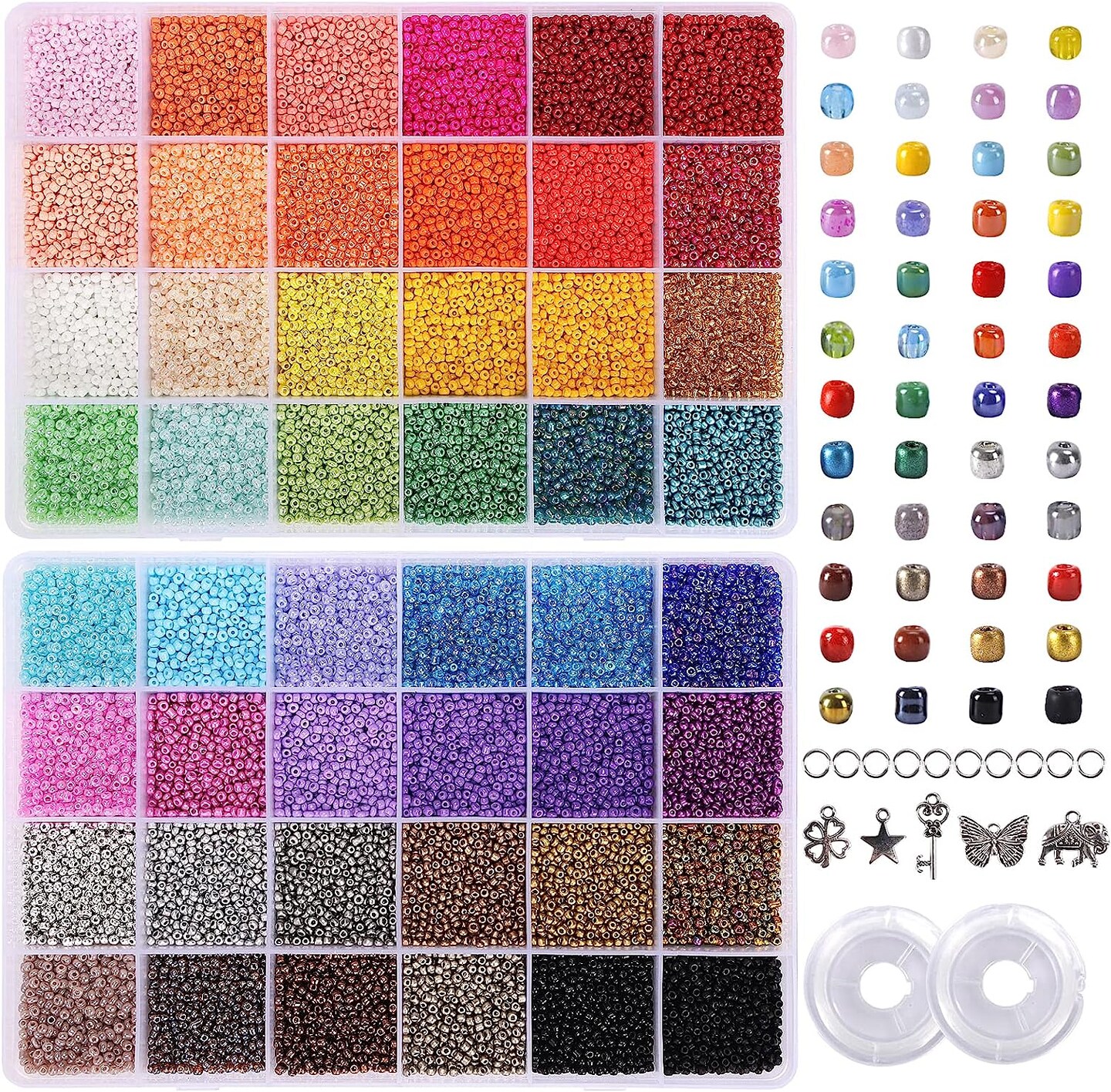44000pcs 2mm Glass Seed Beads for Bracelet Making Kit, 48 Colors Small Beads, Craft Beads Kit for Jewelry Making, with 2 Storage Boxes, Charms, Jump Rings and Clear Elastic String Cord
