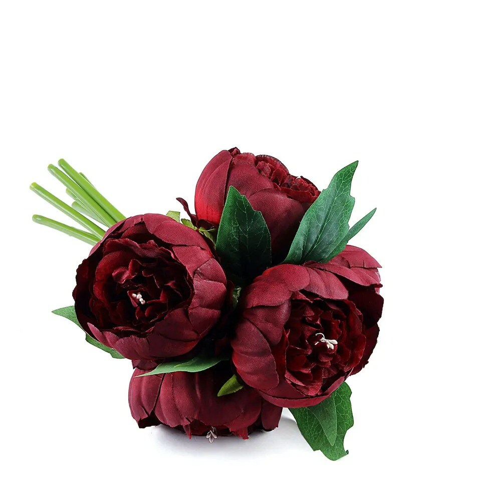 BURGUNDY 10&#x22; Silk Artificial Peony Flowers Bouquet Arrangement