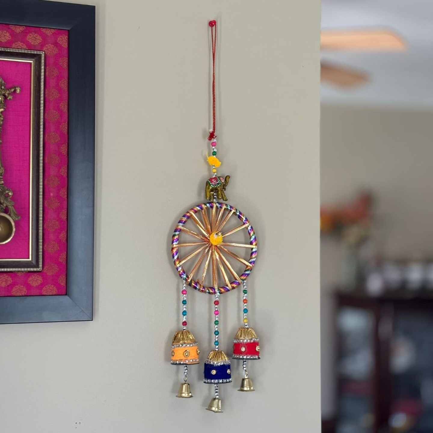 Rajasthani Ring Elephant Wall Door Hangings with Bells Traditional Handicraft Hanging Decorative Latkan for Home Office Decor Diwali Decoration Wall Art Housewarming Gifts