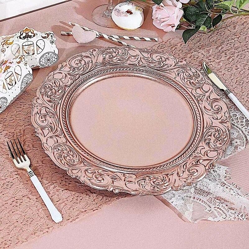 24 ROSE GOLD 14&#x22; Round Baroque Metallic Charger Plates