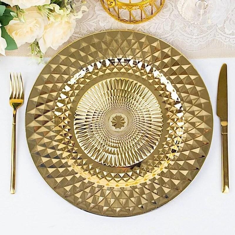 GOLD 6 Metallic 13&#x22; Round Plastic CHARGER PLATES Diamond Pattern