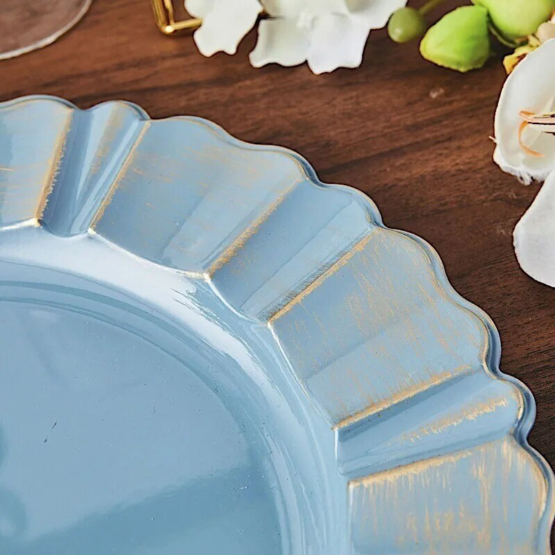 6 DUSTY BLUE GOLD 13&#x22; Round Scalloped Trim Charger Plates