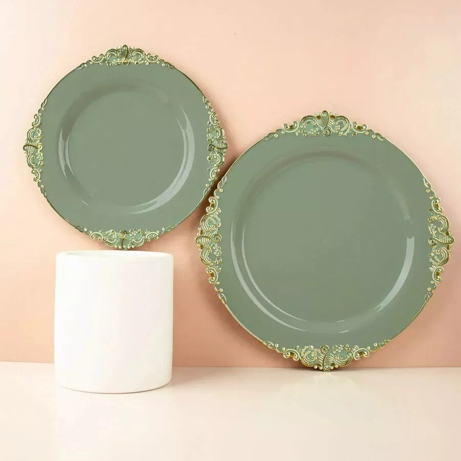 10 DUSTY SAGE GOLD 8&#x22; Round Plastic Salad Dinner PLATES