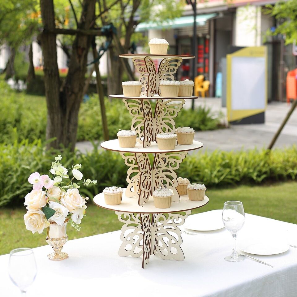 4 NATURAL Wooden Dessert CAKE STAND Laser Cut Butterfly Design