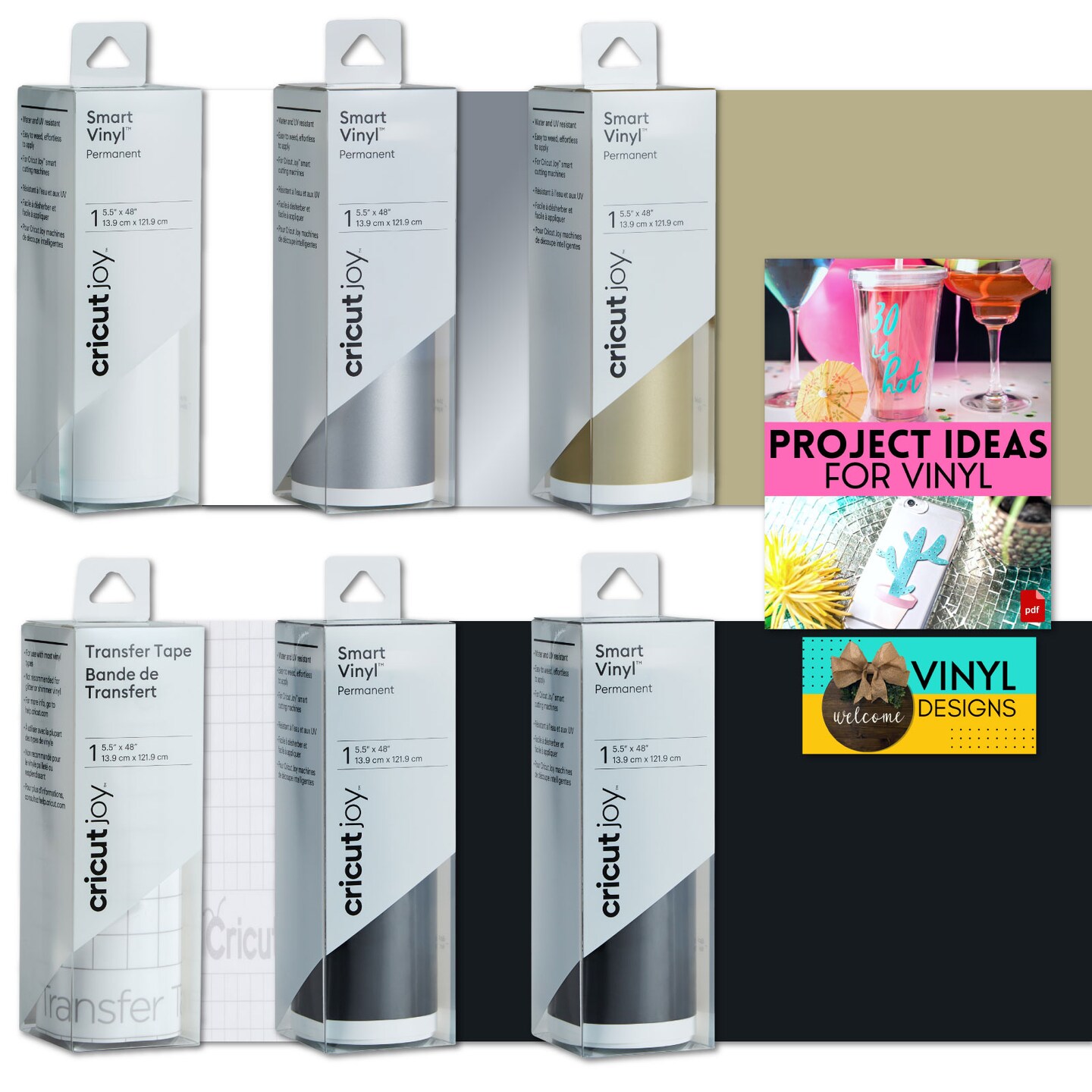 Cricut Joy Smart Vinyl Rolls, Black, White, Silver, Gold Bundle