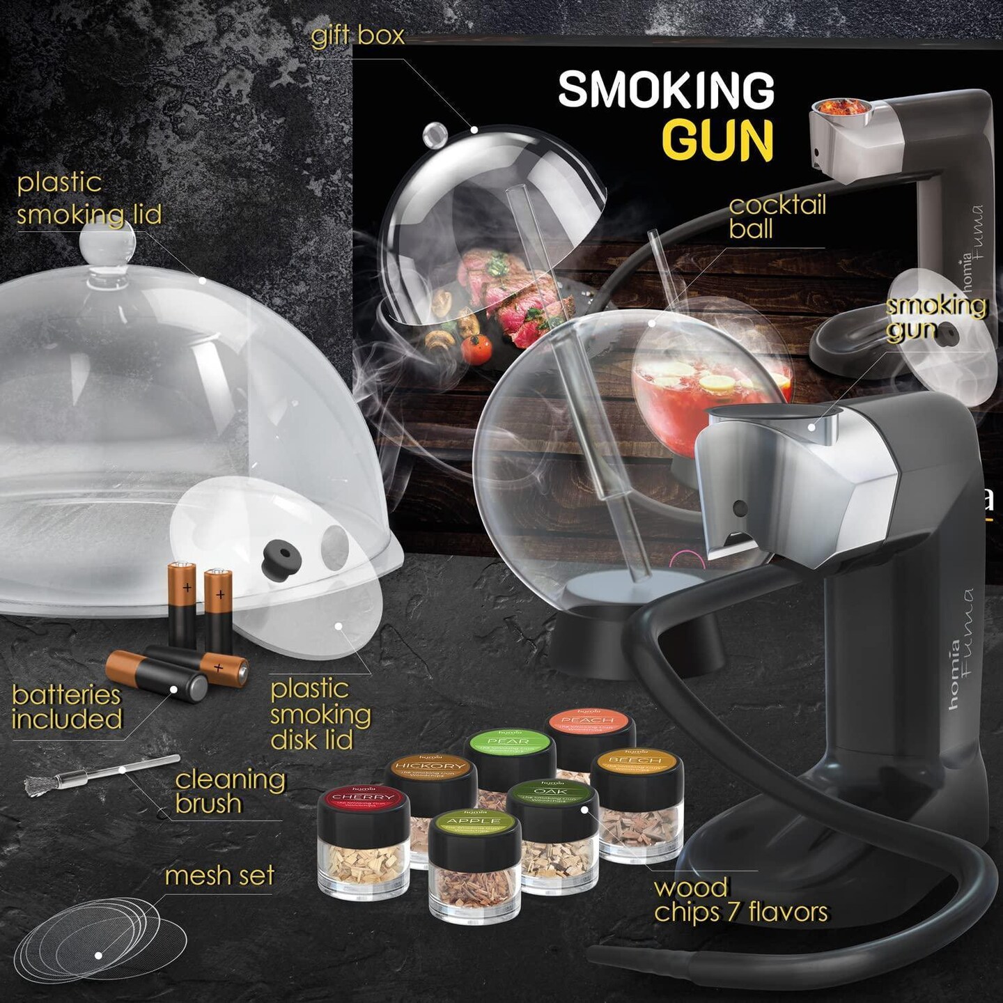 Smoking Gun Wood Smoke Infuser  Premium Kit 14 PCS Smoker Machine with Accessories and Wood Chips  Cold Smoke for Food and Drinks  Gift for Man