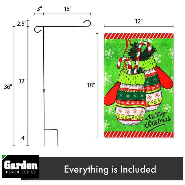 G128 Combo Pack: Garden Flag Stand Black 36x16 Inch &#x26; Garden Flag Merry Christmas Mittens 12x18 Inch