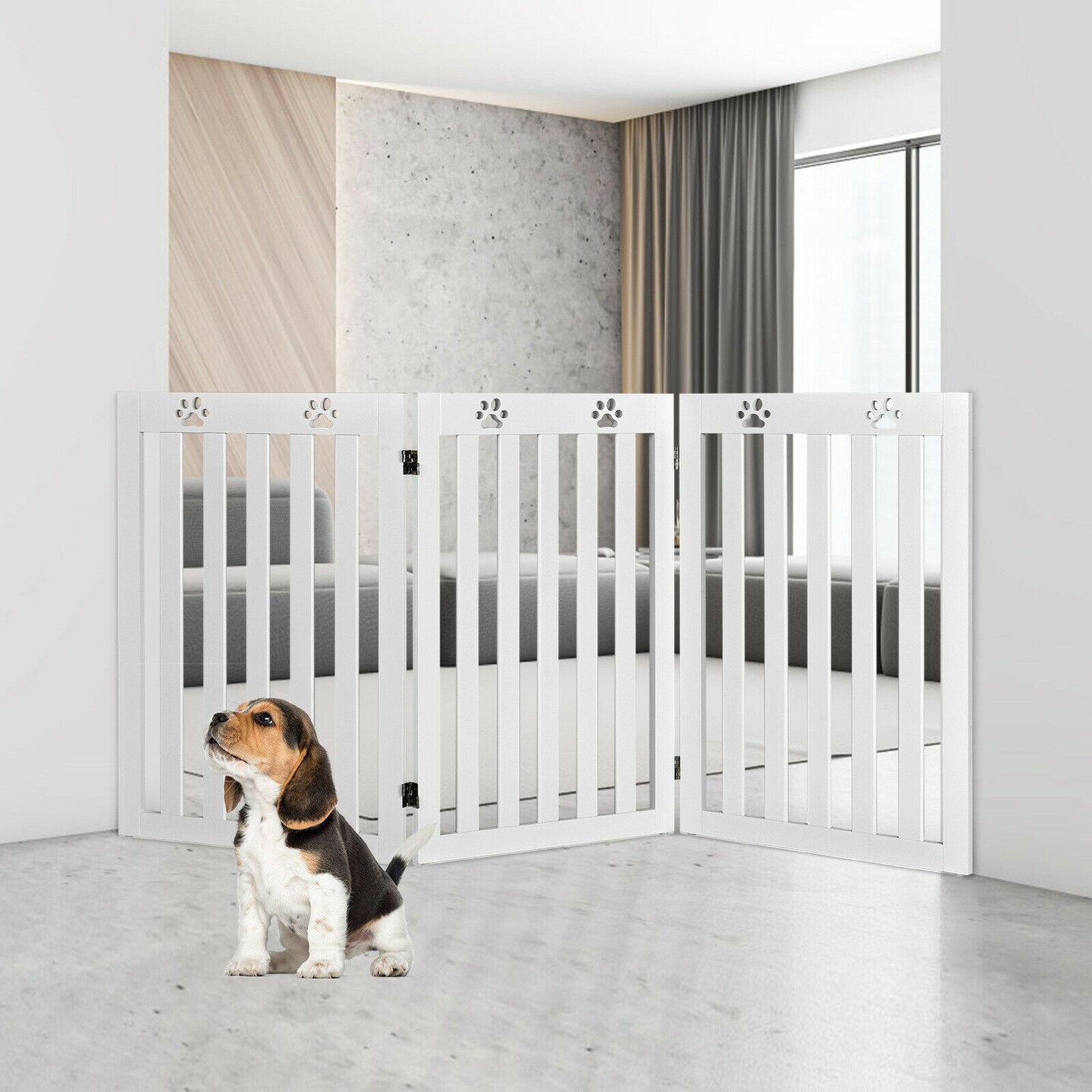 36 Inch Folding Wooden Freestanding Pet Gate Dog Gate with 360&#xC2;&#xB0; Flexible Hinge-White
