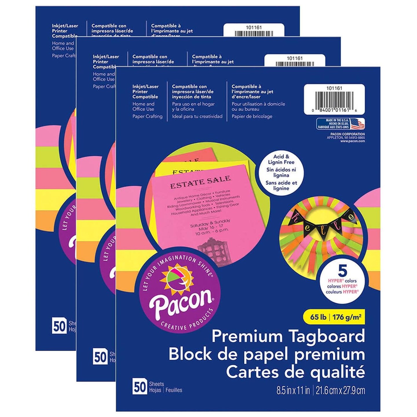 Premium Tagboard, 5 Assorted Hyper Colors, 8-1/2&#x22; x 11&#x22;, 50 Sheets Per Pack, 3 Packs