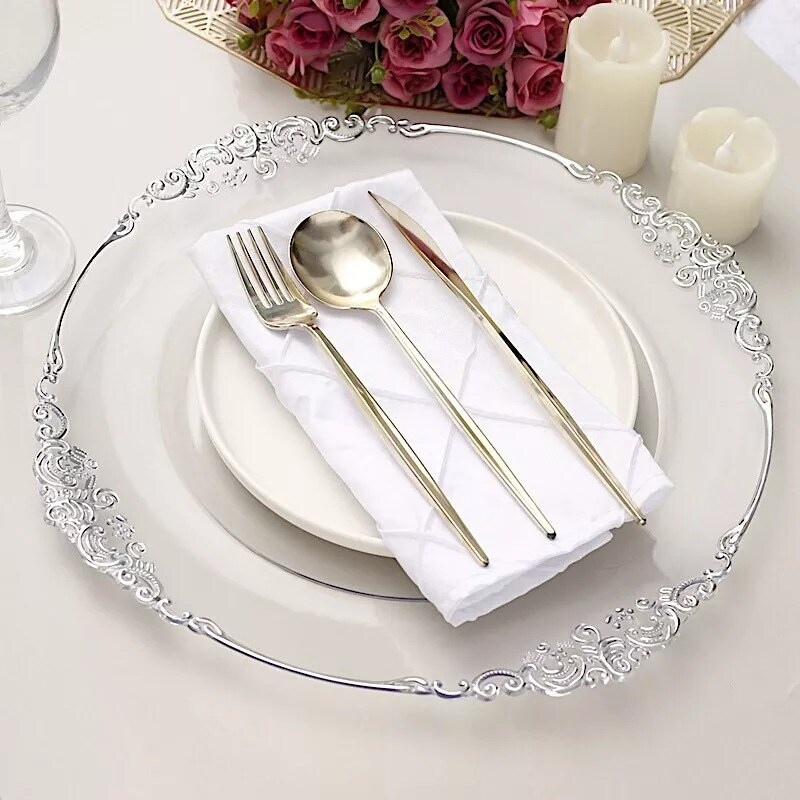 6 CLEAR 13&#x22; Round with SILVER Embossed Rim Charger Plates