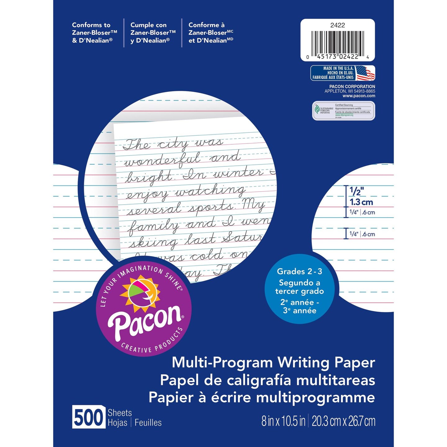 Multi-Program Handwriting Paper, 1/2&#x22; Ruled (Short Way), White, 10-1/2&#x22; x 8&#x22;, 500 SheetsPer Pack, 2 Packs