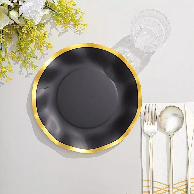 25 Round 8&#x22; BLACK Paper Salad Plates Gold Wavy Rim