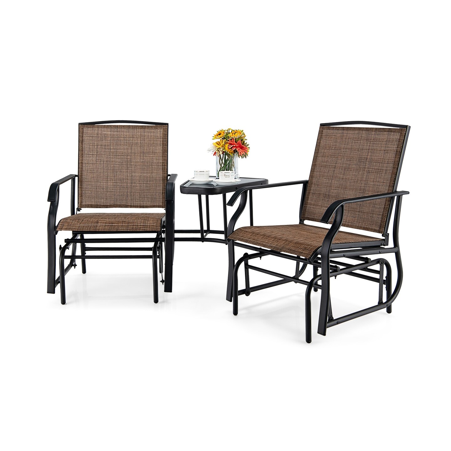 Double Swing Glider Rocker Chair Set With Glass Table