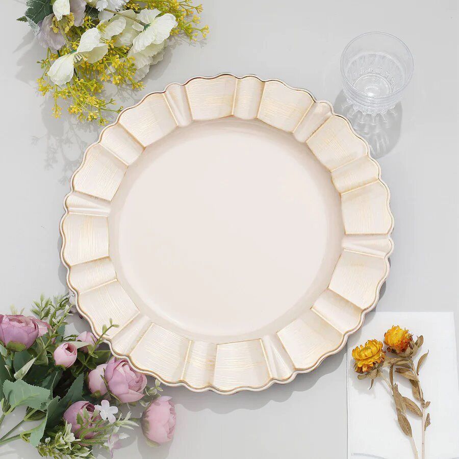 6 BEIGE GOLD 13&#x22; Round Scalloped Trim Charger Plates