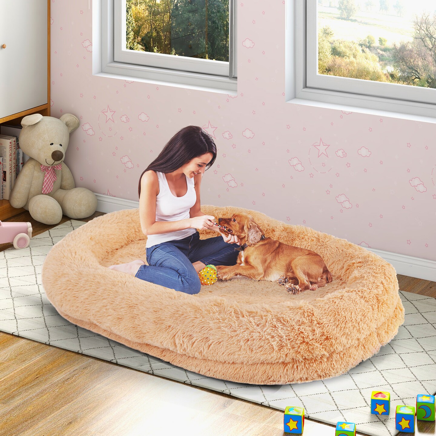 Washable Fluffy Human Dog Bed with Soft Blanket and Plump Pillow - 68&#x22; x 46&#x22; x 10&#x22; (L x W x H)