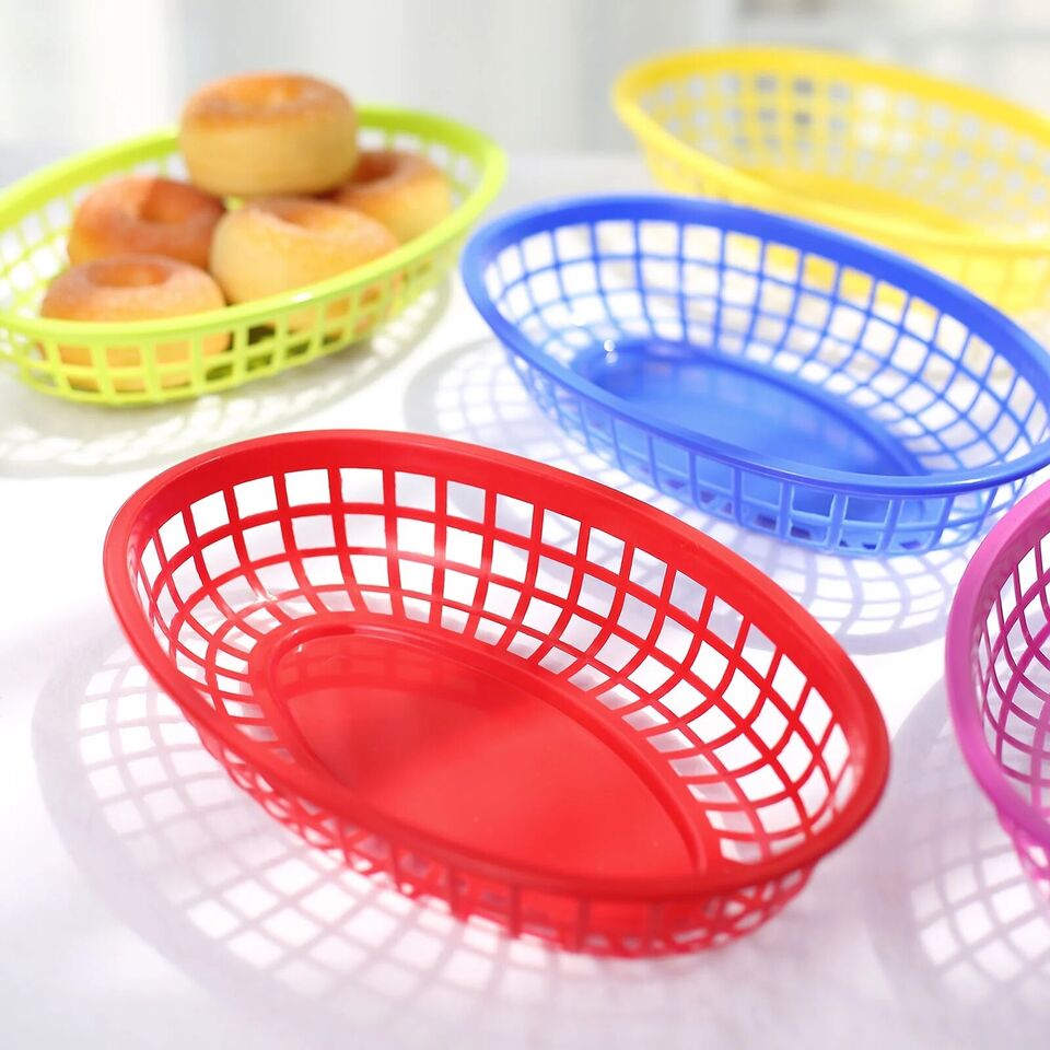 6 Assorted Oval Plastic Food BASKETS 50 Wax Paper Liners Party